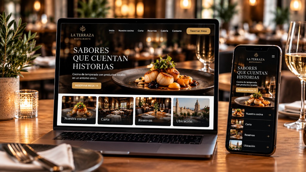 Web premium de restaurante en portátil y móvil